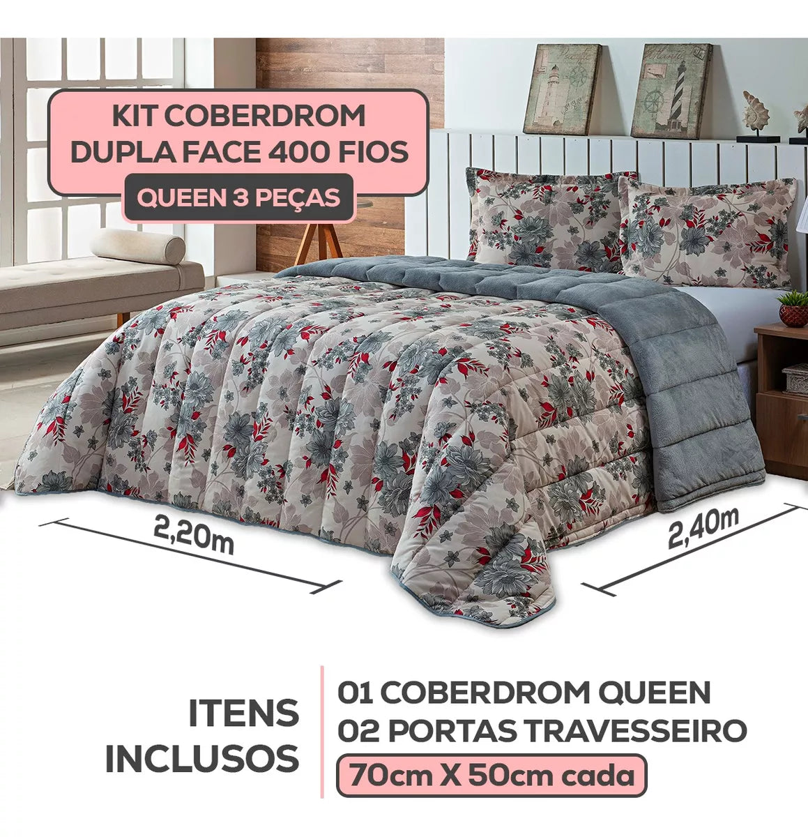 Kit Coberdrom Casal Queen Jogo Cama Dupla Face 400 Fios